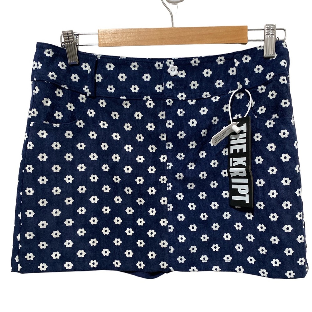 The Kript Blue White Floral Skirt Mini Short lined Large Corduroy